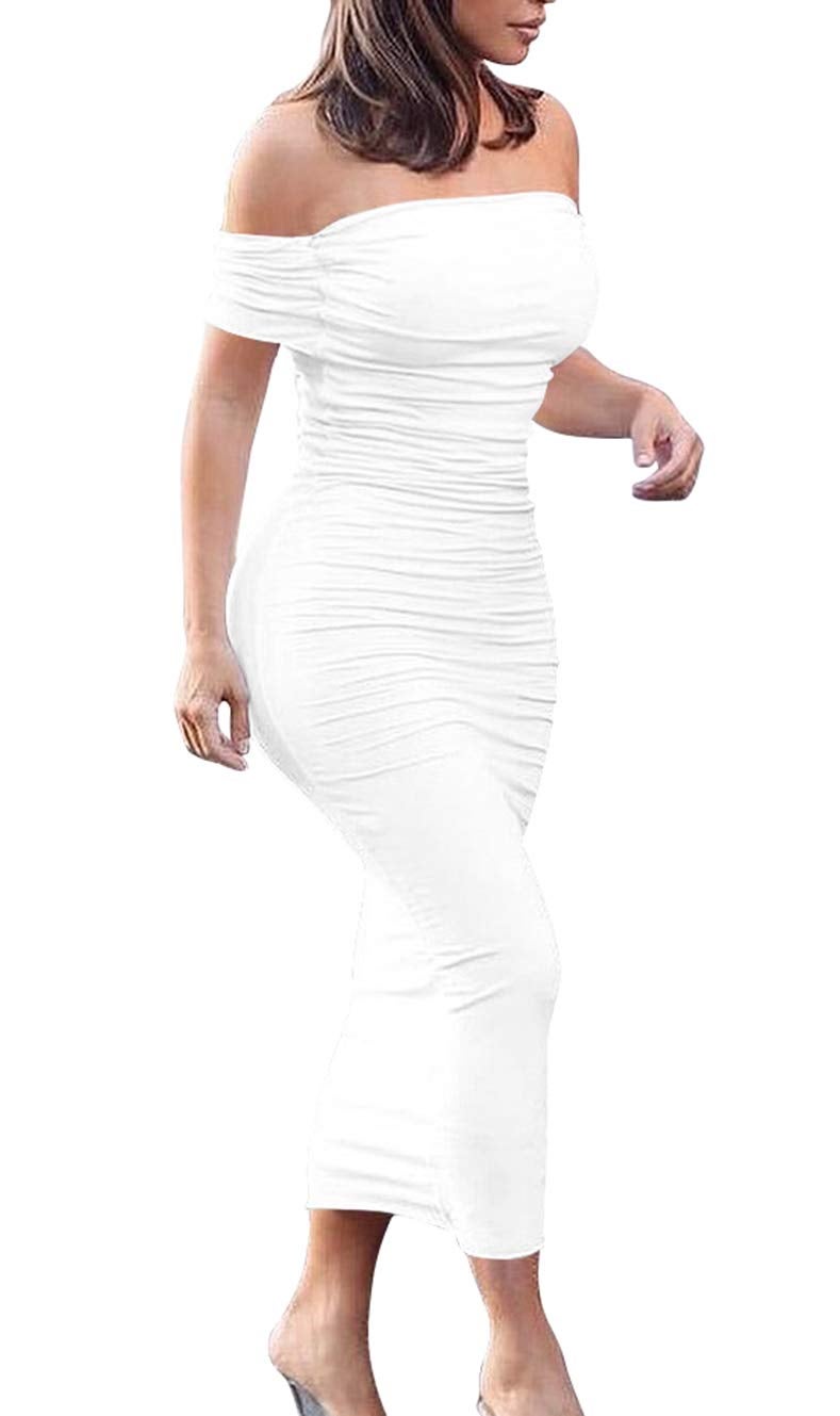 GOBLES Women's Ruched Off Shoulder Short Sleeve Bodycon Midi Elegant Cocktail Party Dress White - Image 1